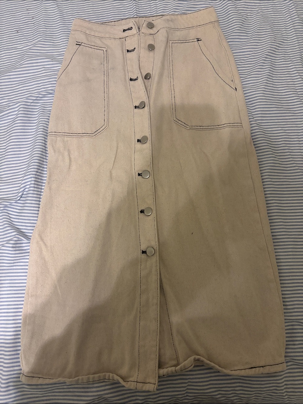 Button-Front Cream Midi Skirt with Patch Pockets